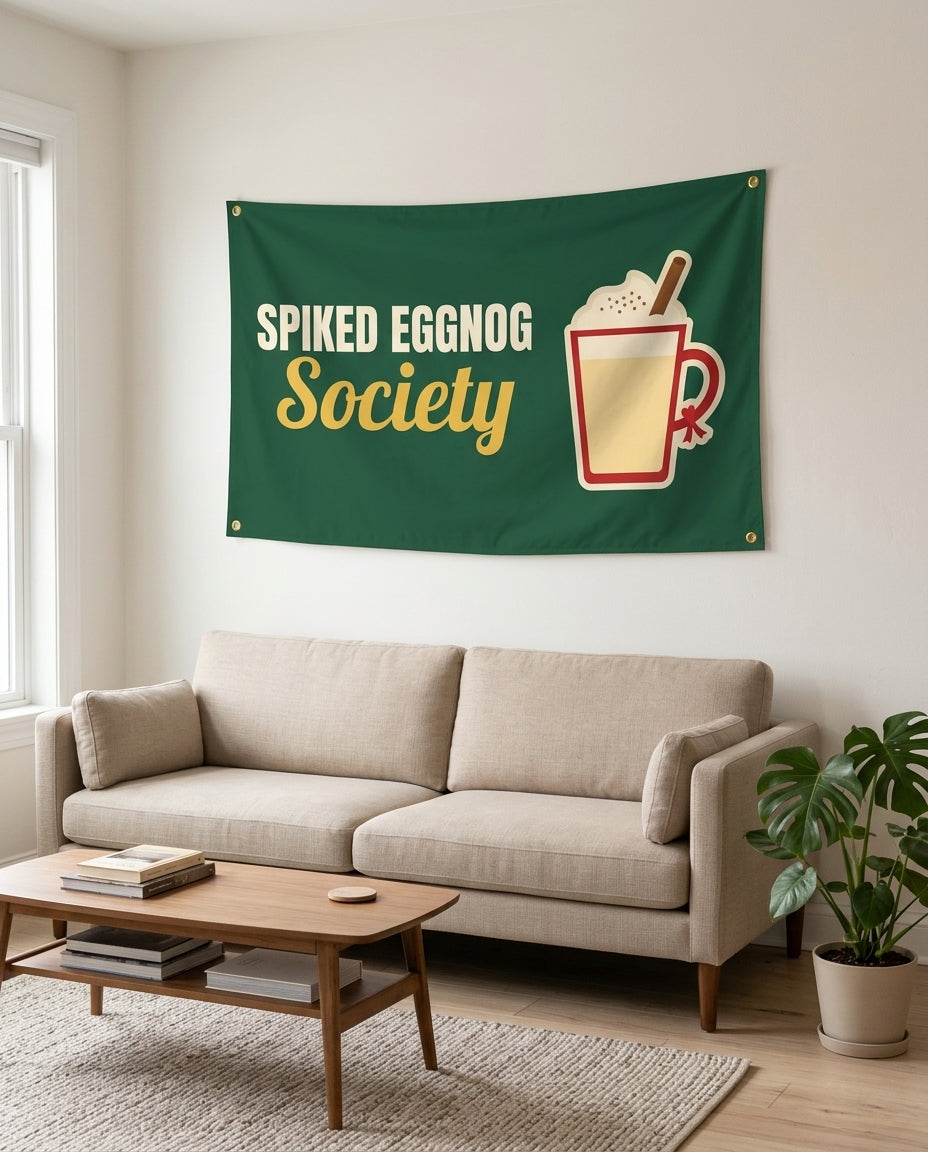 Spiked Eggnog Society flag used as living room wall decor