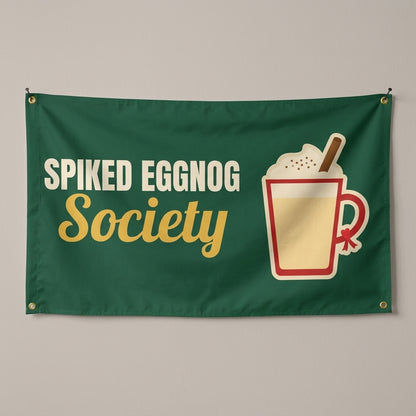 Spiked Eggnog Society flag 3x5 in green with a mug of eggnog, hung on a wall