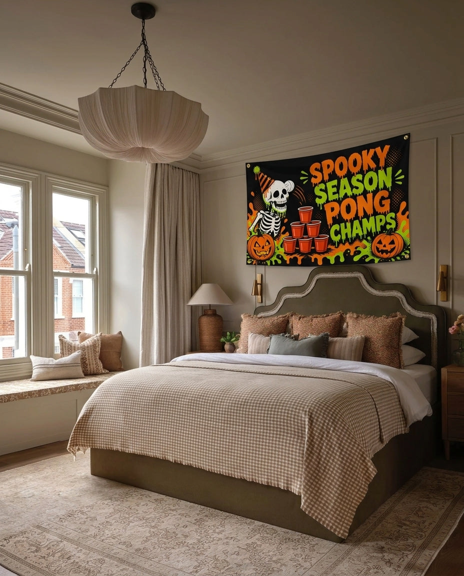Spooky Season Pong Champs Halloween wall flag hanging in a bedroom