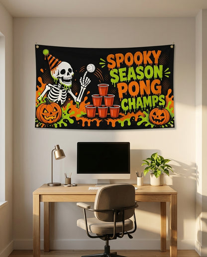 Spooky Season Pong Champs 3x5 flag on a home office wall