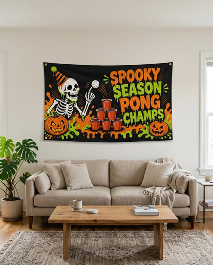 Black and orange Spooky Season Pong Champs flag used as living room party decor