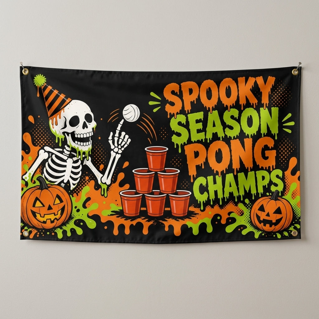 Spooky Season Pong Champs flag 3x5 with a party skeleton and red cups, hung on a gray wall