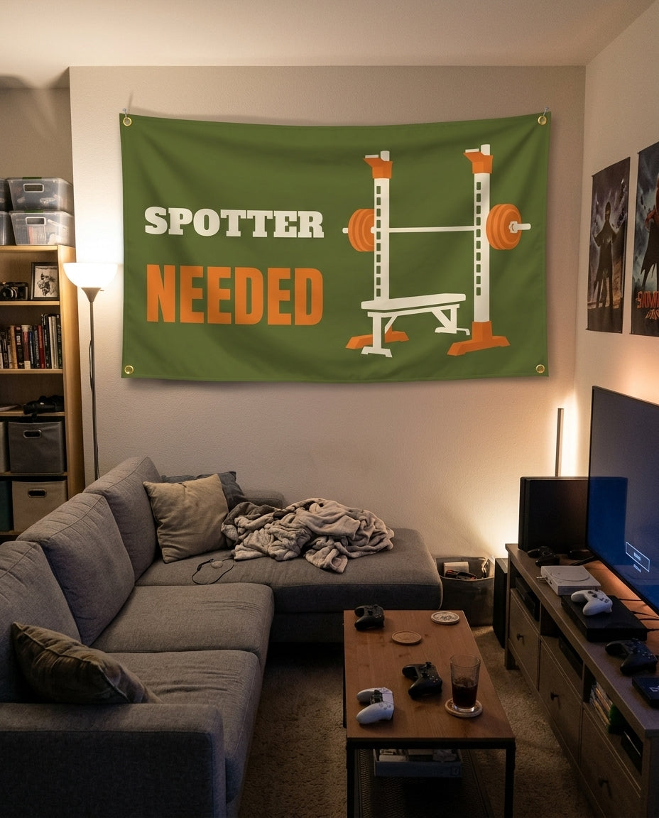 Spotter Needed flag decorating a game room wall
