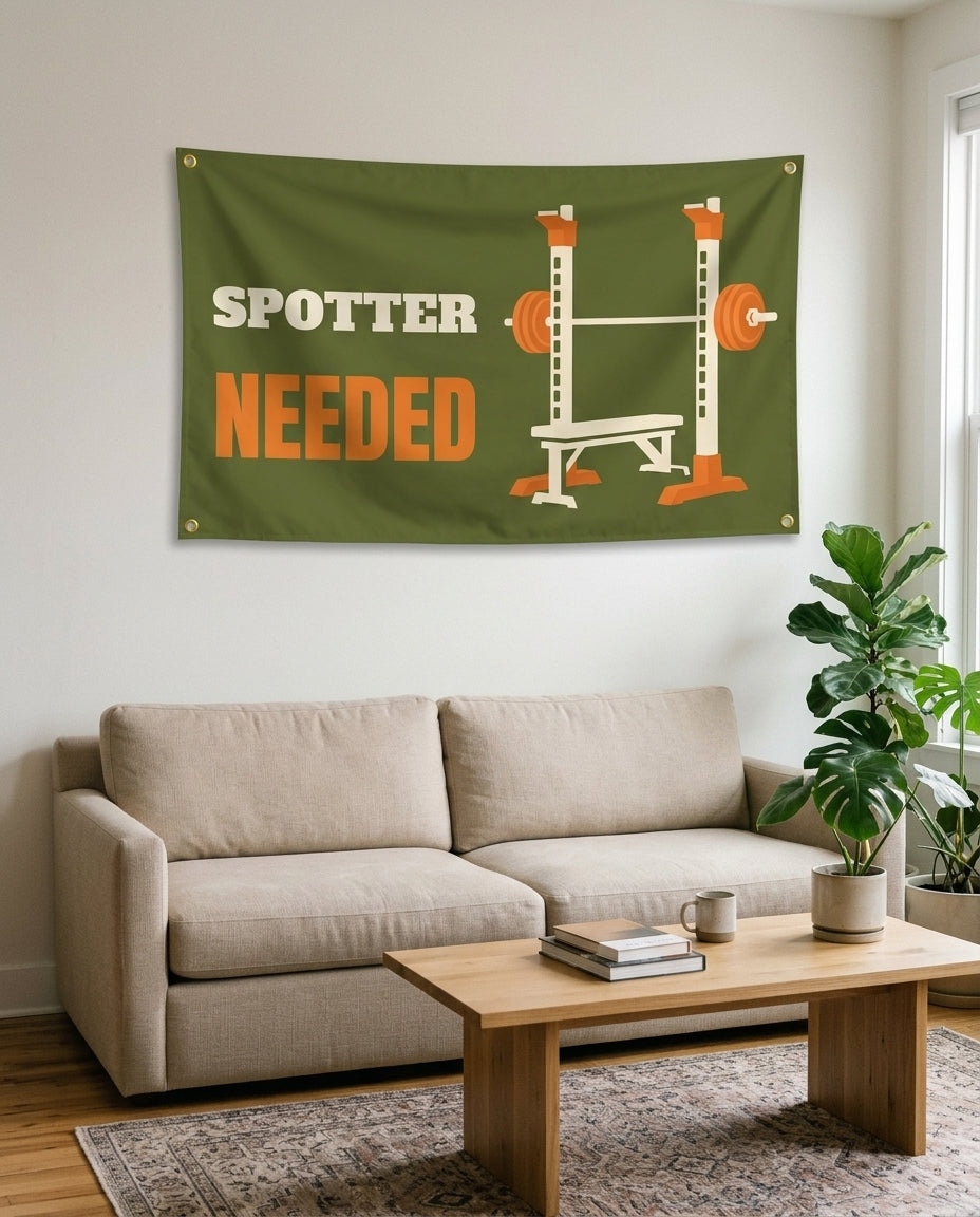 Spotter Needed flag used as living room wall decor