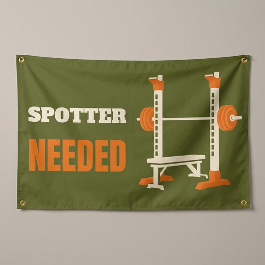Spotter Needed flag 3x5 in olive green with a squat rack and bench, hung on a wall