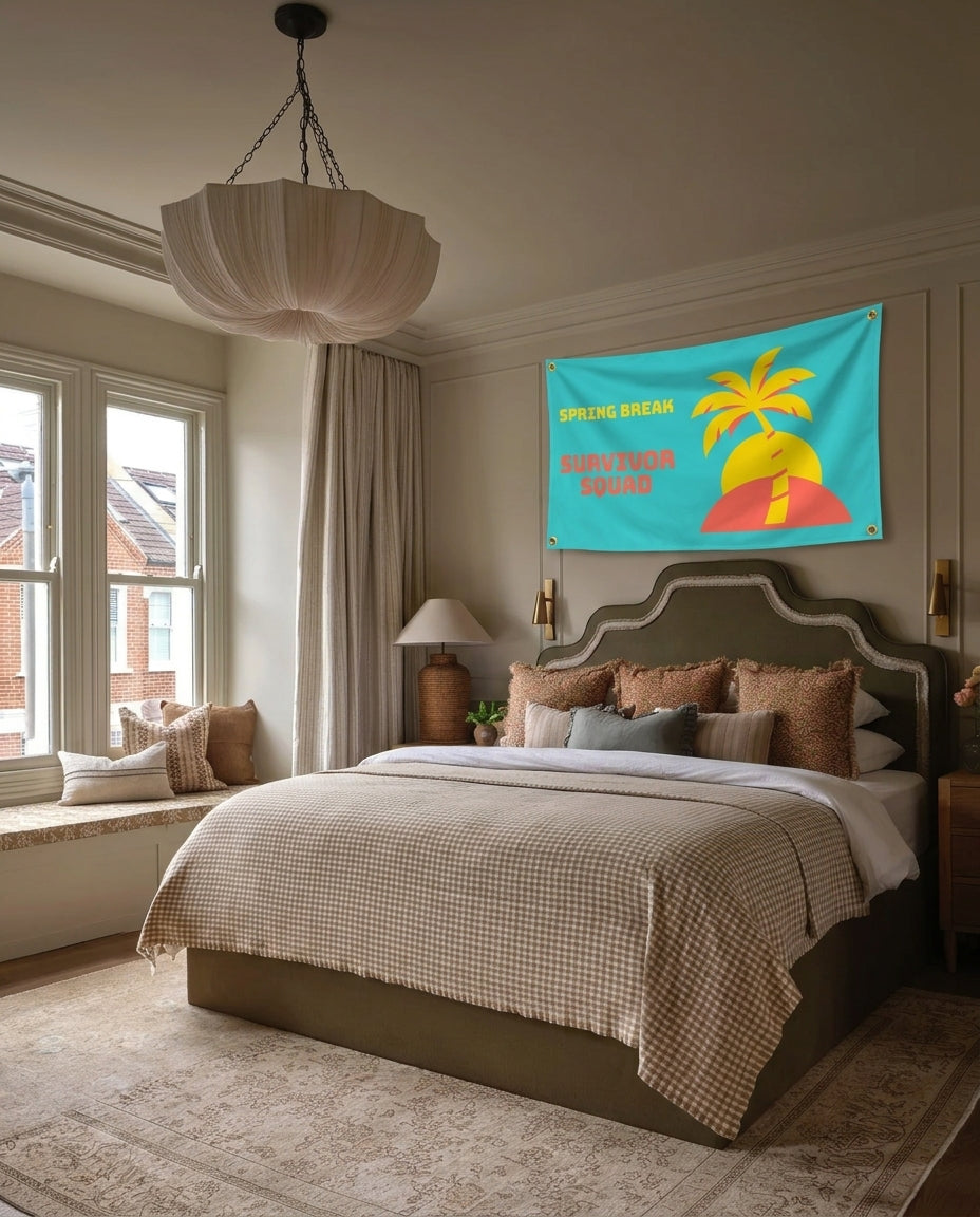 Spring Break Survivor Squad spring break wall flag hanging in a bedroom