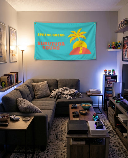 Spring Break Survivor Squad flag decorating a game room wall