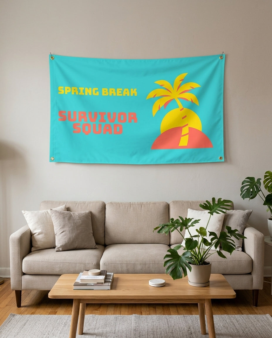 Spring Break Survivor Squad flag used as living room wall decor