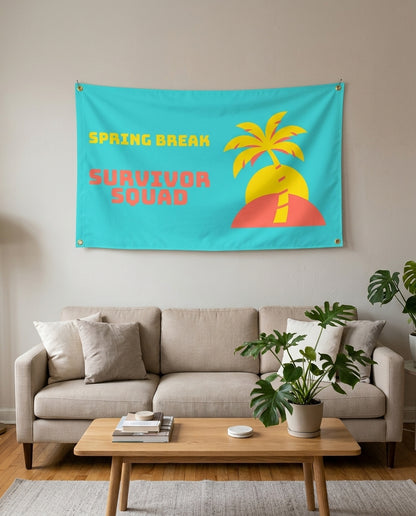 Spring Break Survivor Squad flag used as living room wall decor