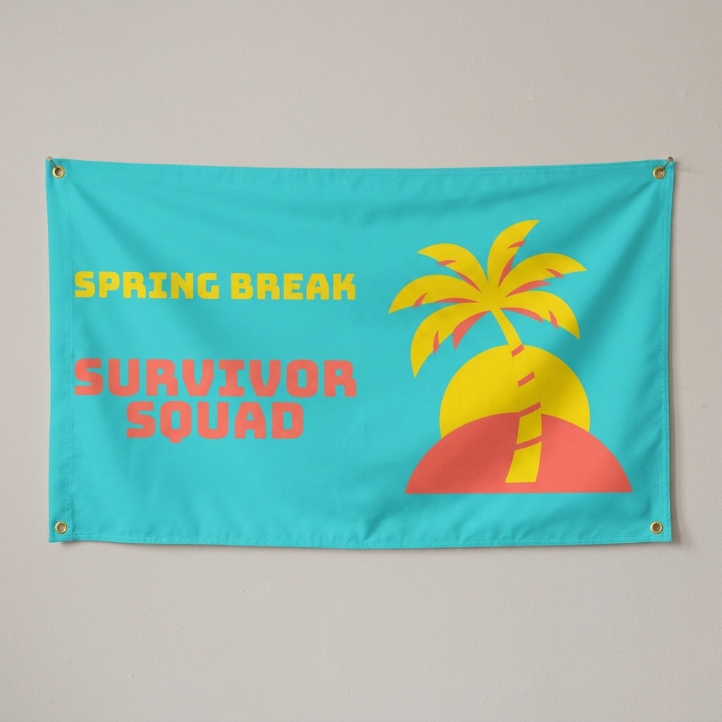 Spring Break Survivor Squad flag 3x5 in aqua with a palm tree and sunset, hung on a wall