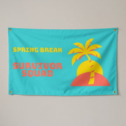 Spring Break Survivor Squad flag 3x5 in aqua with a palm tree and sunset, hung on a wall
