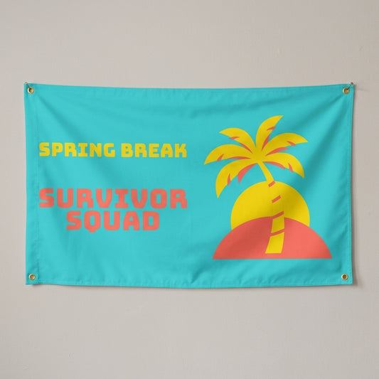 Spring Break Survivor Squad flag 3x5 in aqua with a palm tree and sunset, hung on a wall
