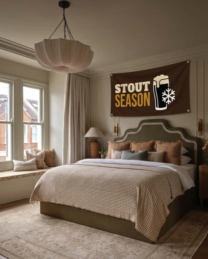 Stout Season winter wall flag hanging in a bedroom