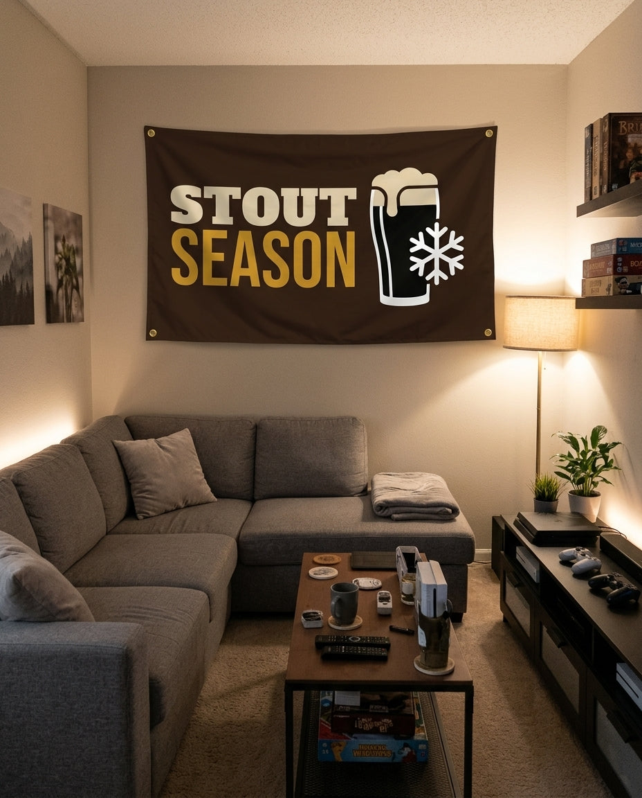 Stout Season flag decorating a game room wall