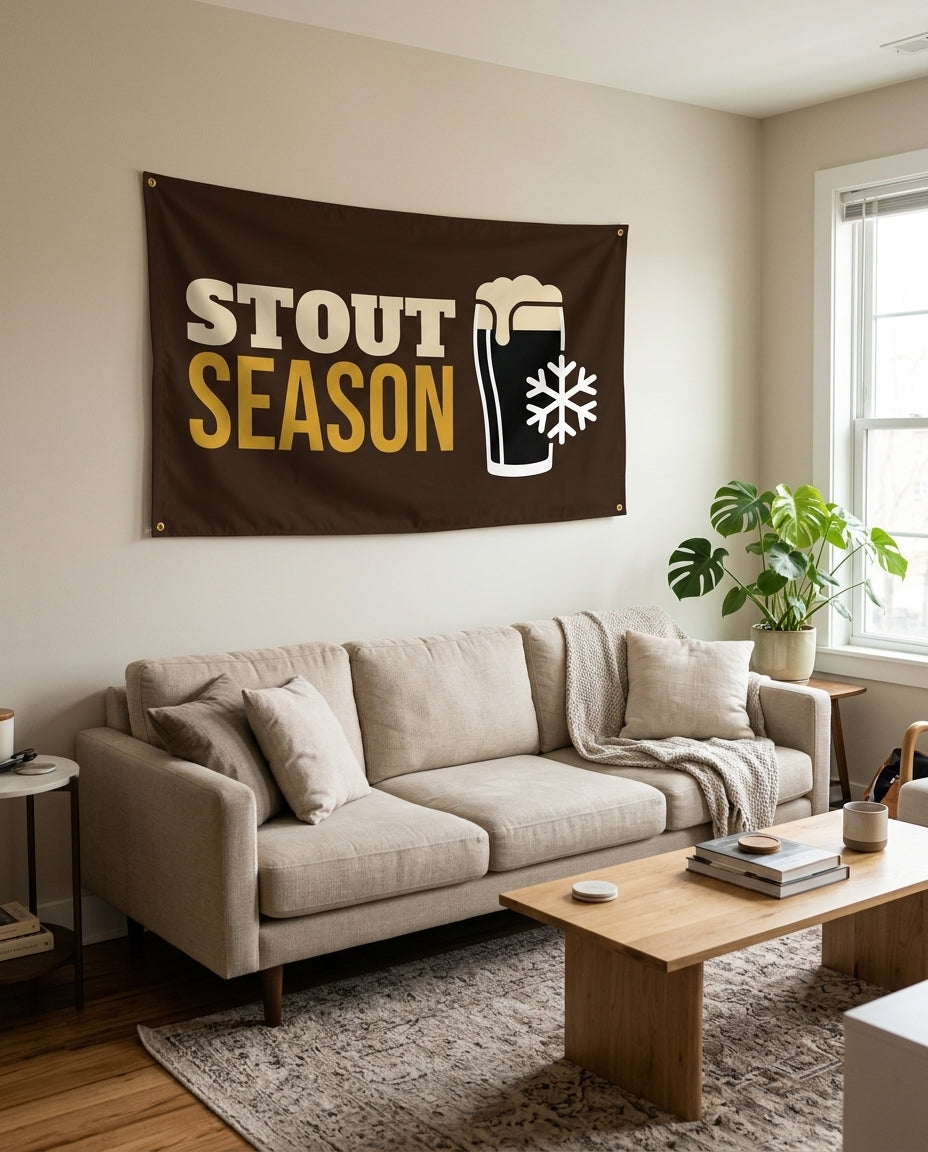 Stout Season flag used as living room wall decor