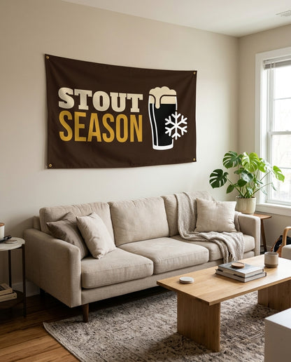 Stout Season flag used as living room wall decor