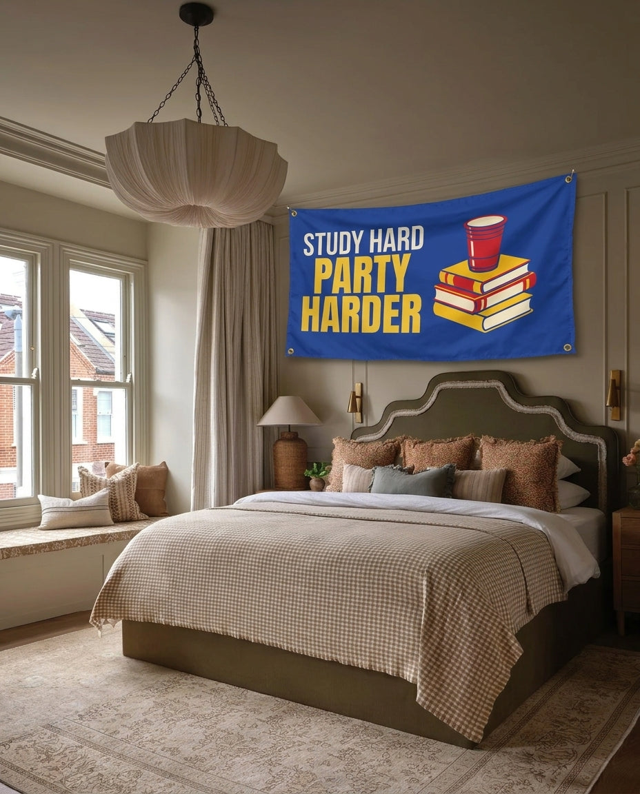 Study Hard Party Harder dorm wall flag hanging in a bedroom