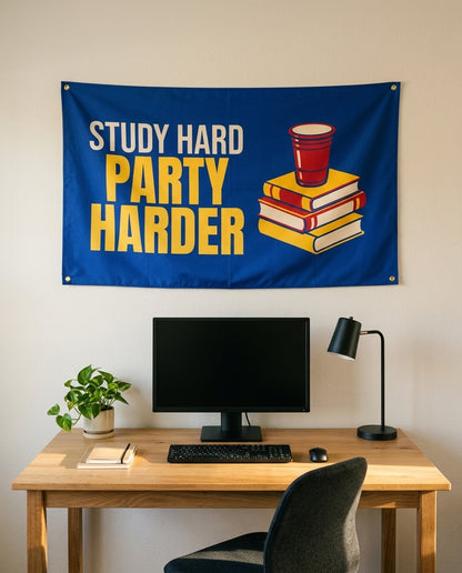 Study Hard Party Harder 3x5 flag on a home office wall