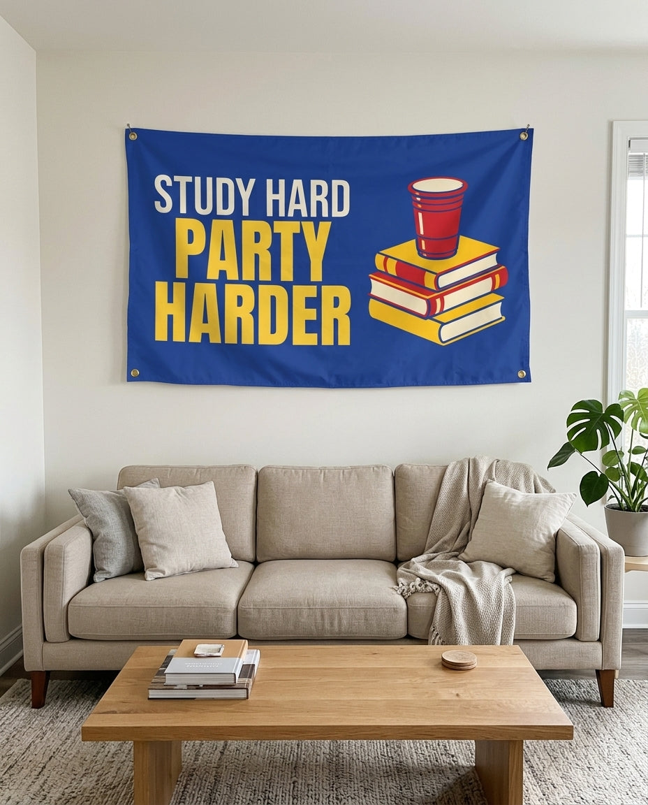 Study Hard Party Harder flag used as living room wall decor