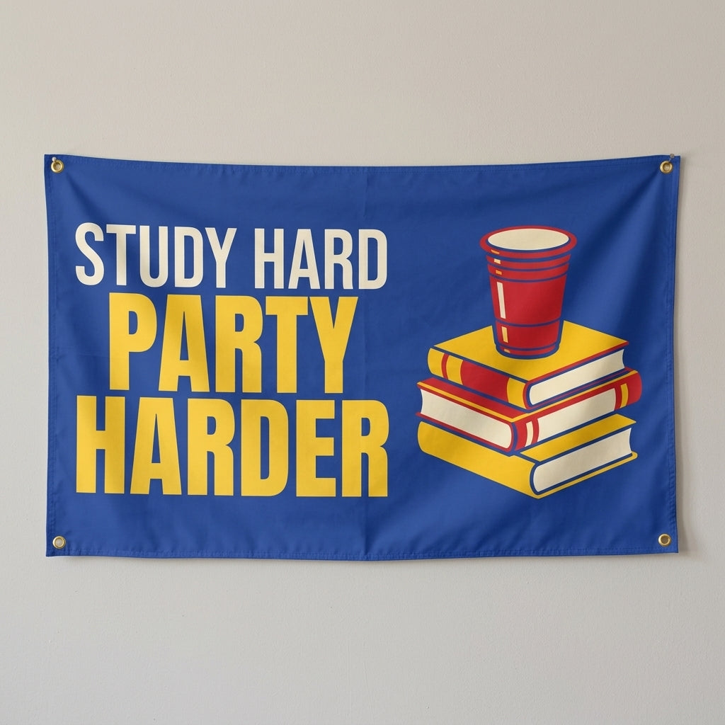 Study Hard Party Harder flag 3x5 in blue with a red cup on a stack of books, hung on a wall