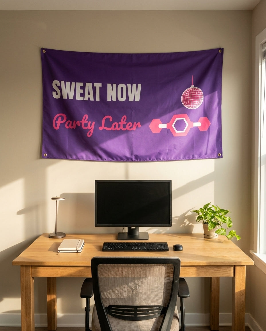 Sweat Now Party Later 3x5 flag on a home office wall