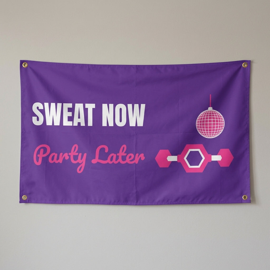 Sweat Now Party Later flag 3x5 in purple with a pink disco ball and dumbbell, hung on a wall