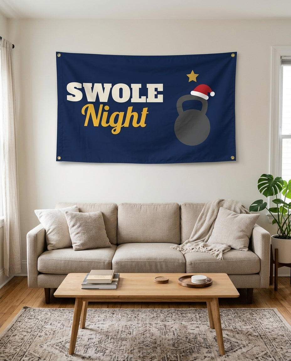 Holiday Gym Night flag used as living room wall decor
