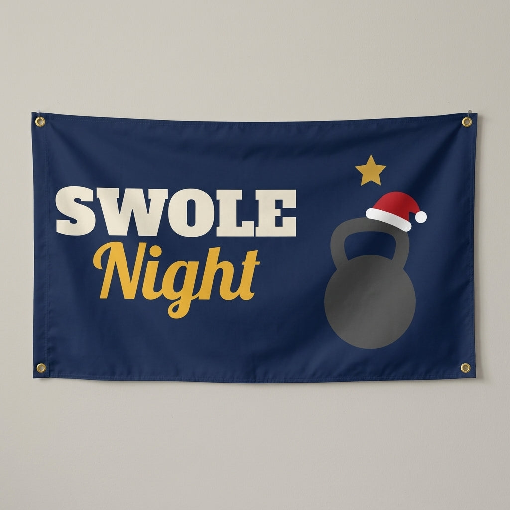 Holiday Gym Night flag 3x5 in navy with a kettlebell in a Santa hat, hung on a wall