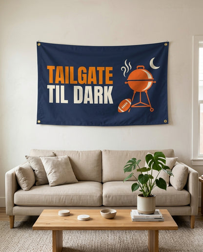 Tailgate Til Dark flag used as living room wall decor