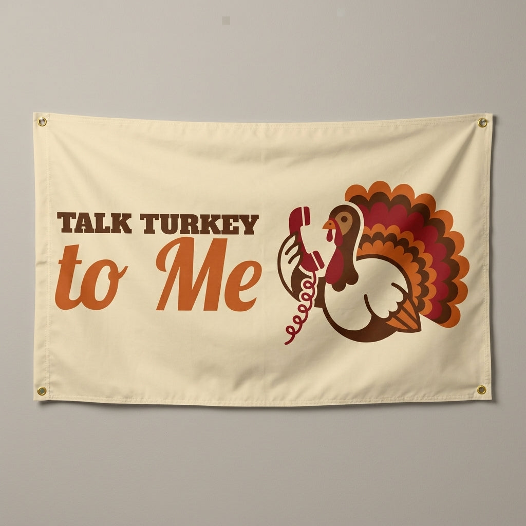 Talk Turkey To Me flag 3x5 in cream with a turkey on the phone, hung on a wall