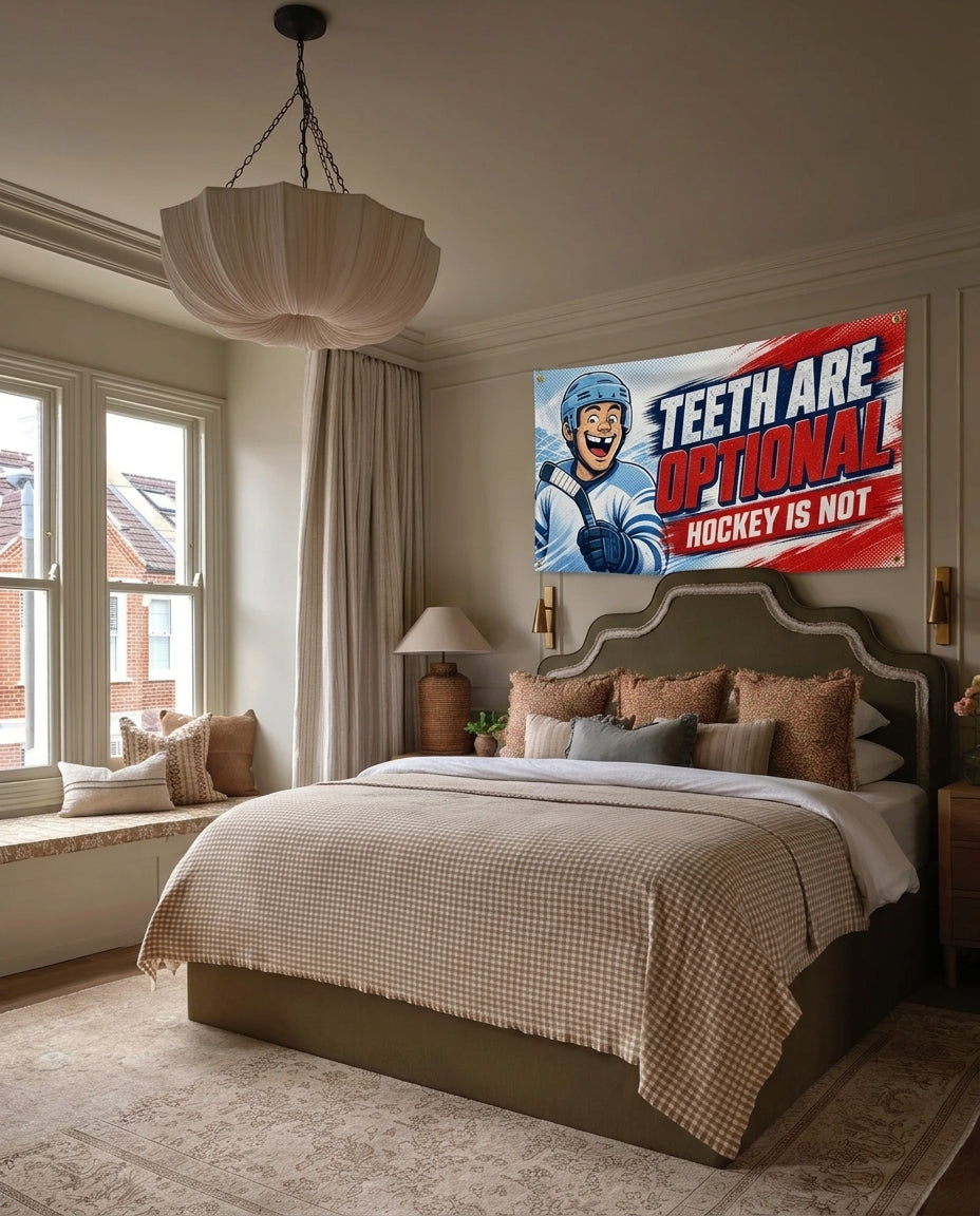 Teeth Are Optional funny hockey wall flag hanging in a bedroom