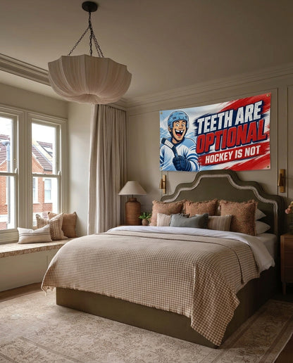 Teeth Are Optional funny hockey wall flag hanging in a bedroom