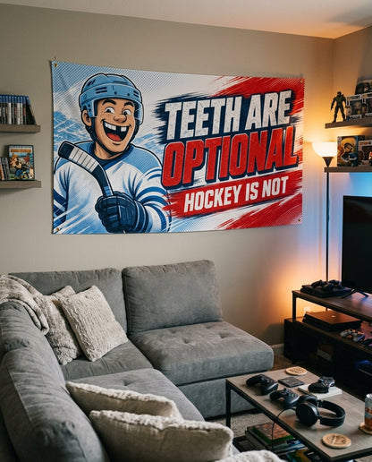 Teeth Are Optional hockey flag decorating a game room wall