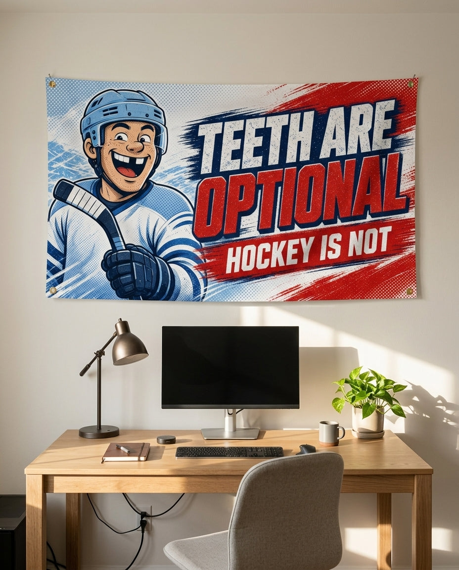 Teeth Are Optional 3x5 hockey flag on a home office wall