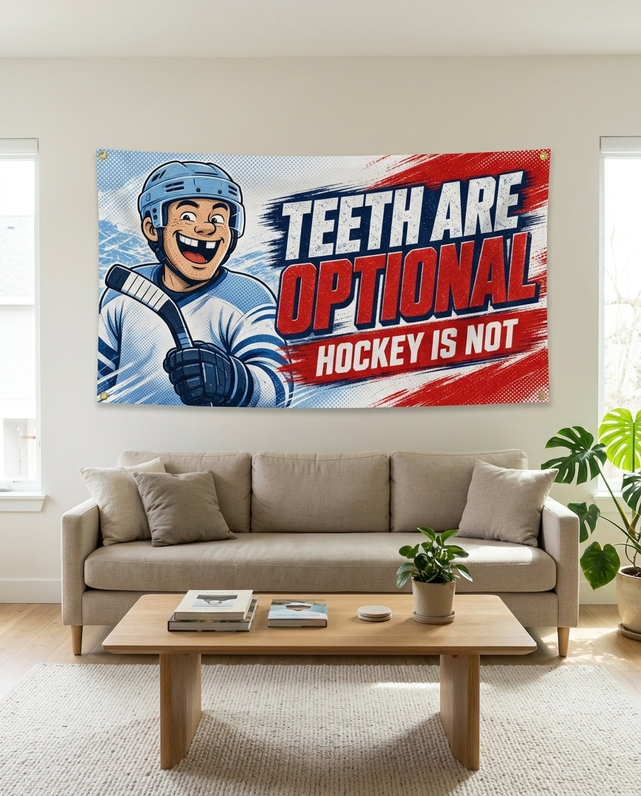 Red and blue Teeth Are Optional flag used as living room wall decor