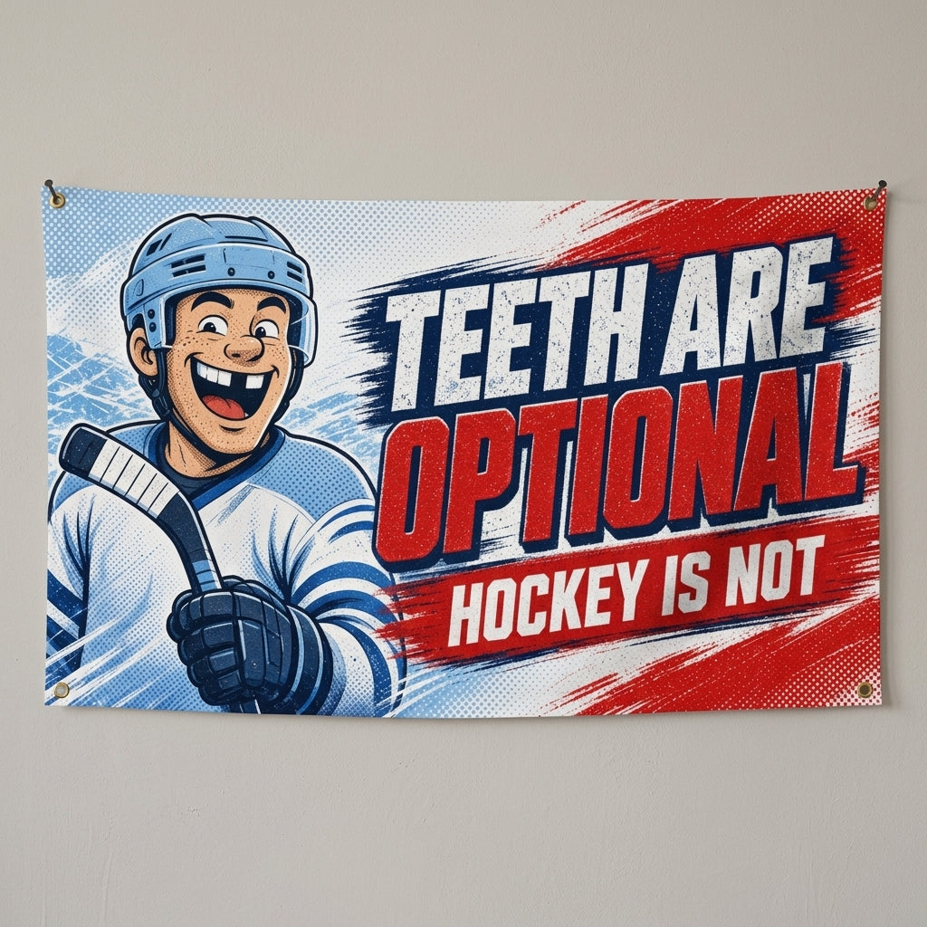 Teeth Are Optional hockey flag 3x5 with a gap toothed cartoon player, hung on a gray wall