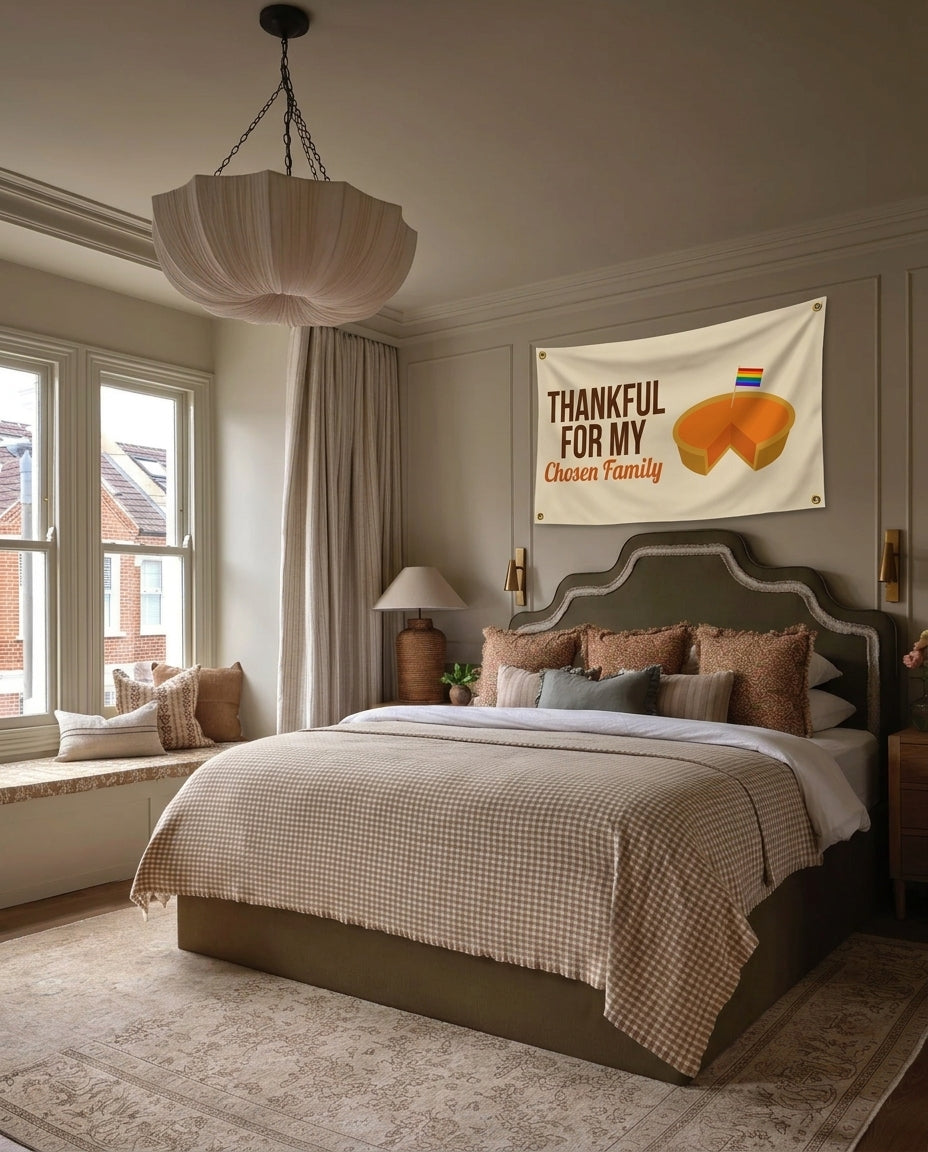 Thankful For My Chosen Family Thanksgiving wall flag hanging in a bedroom