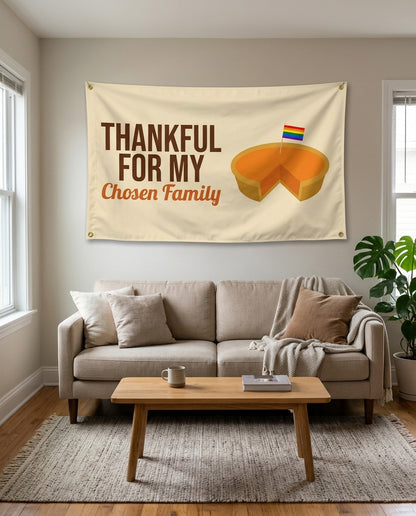 Thankful For My Chosen Family flag used as living room wall decor
