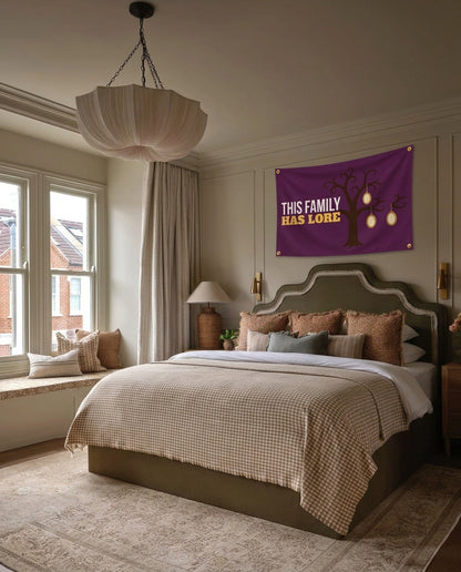 This Family Has Lore funny wall flag hanging in a bedroom