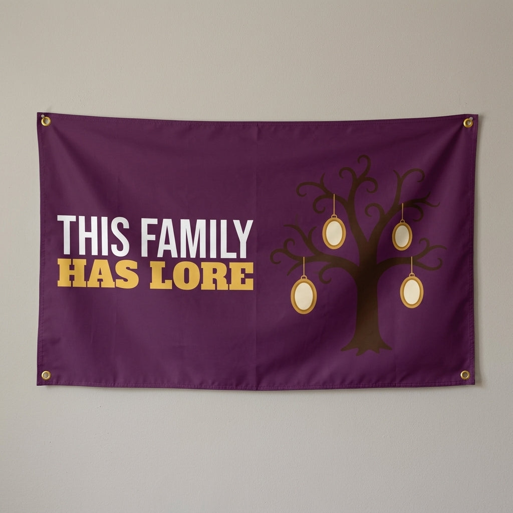 This Family Has Lore flag 3x5 in plum with a family tree, hung on a wall