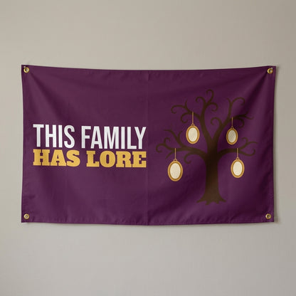This Family Has Lore flag 3x5 in plum with a family tree, hung on a wall