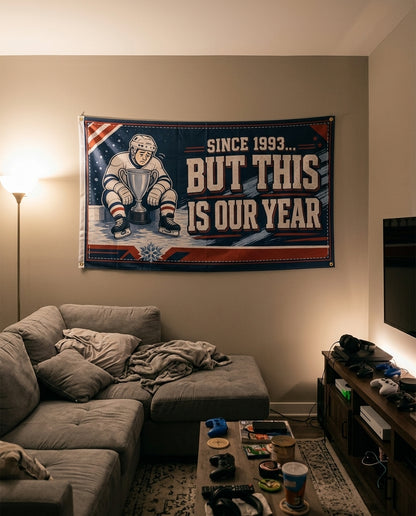 This Is Our Year hockey flag decorating a game room wall