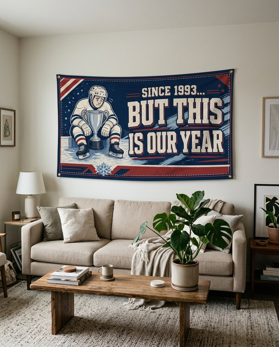 Navy and red This Is Our Year hockey flag used as living room wall decor