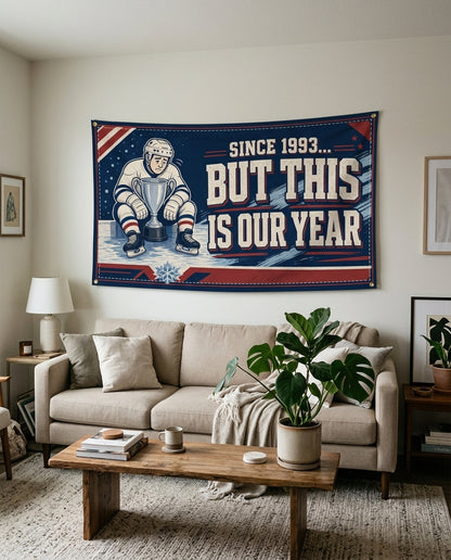 Navy and red This Is Our Year hockey flag used as living room wall decor