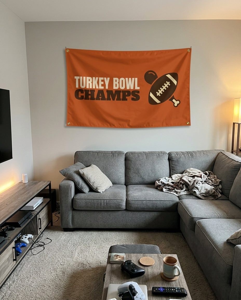 Turkey Bowl Champs flag decorating a game room wall