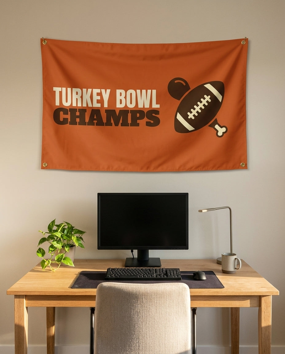 Turkey Bowl Champs 3x5 flag on a home office wall