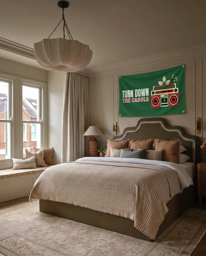 Turn Down The Carols Christmas wall flag hanging in a bedroom