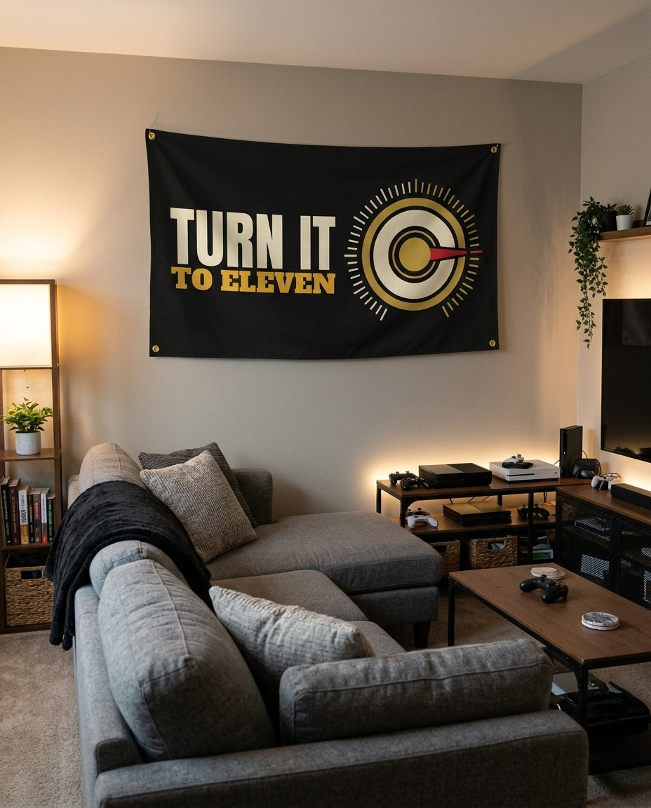 Turn It To Eleven flag decorating a game room wall