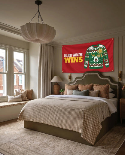 Ugliest Sweater Wins Christmas wall flag hanging in a bedroom
