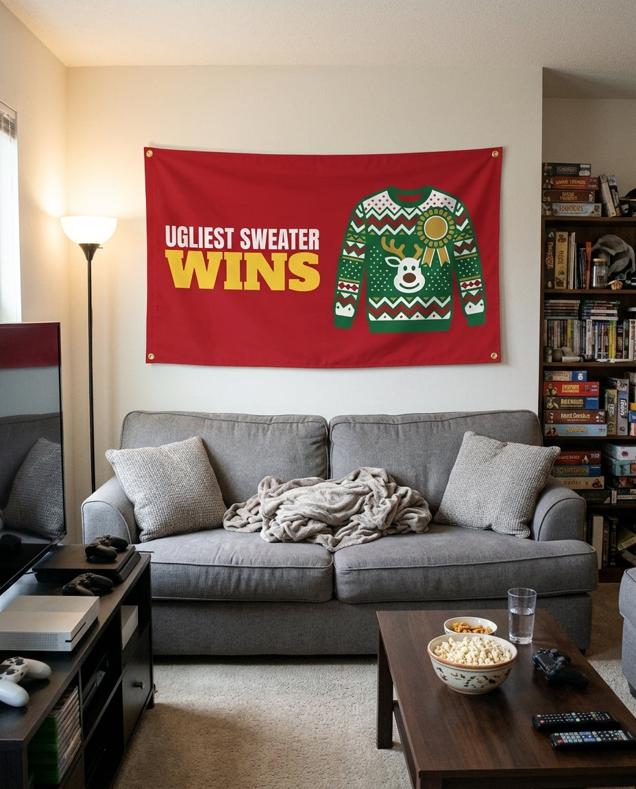 Ugliest Sweater Wins flag decorating a game room wall